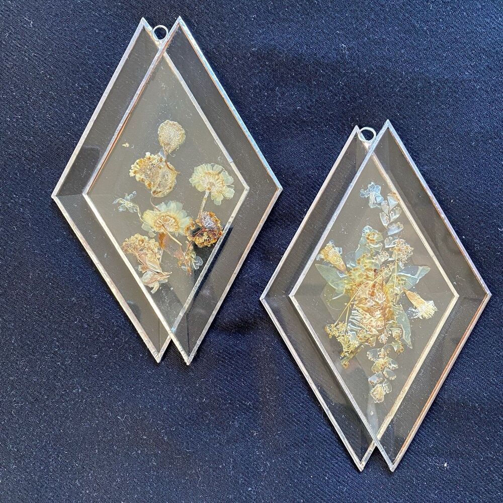 Vintage Diamond Beveled Clear Dried Flower Suncatchers. Set Of 2. No Cracks. USA
